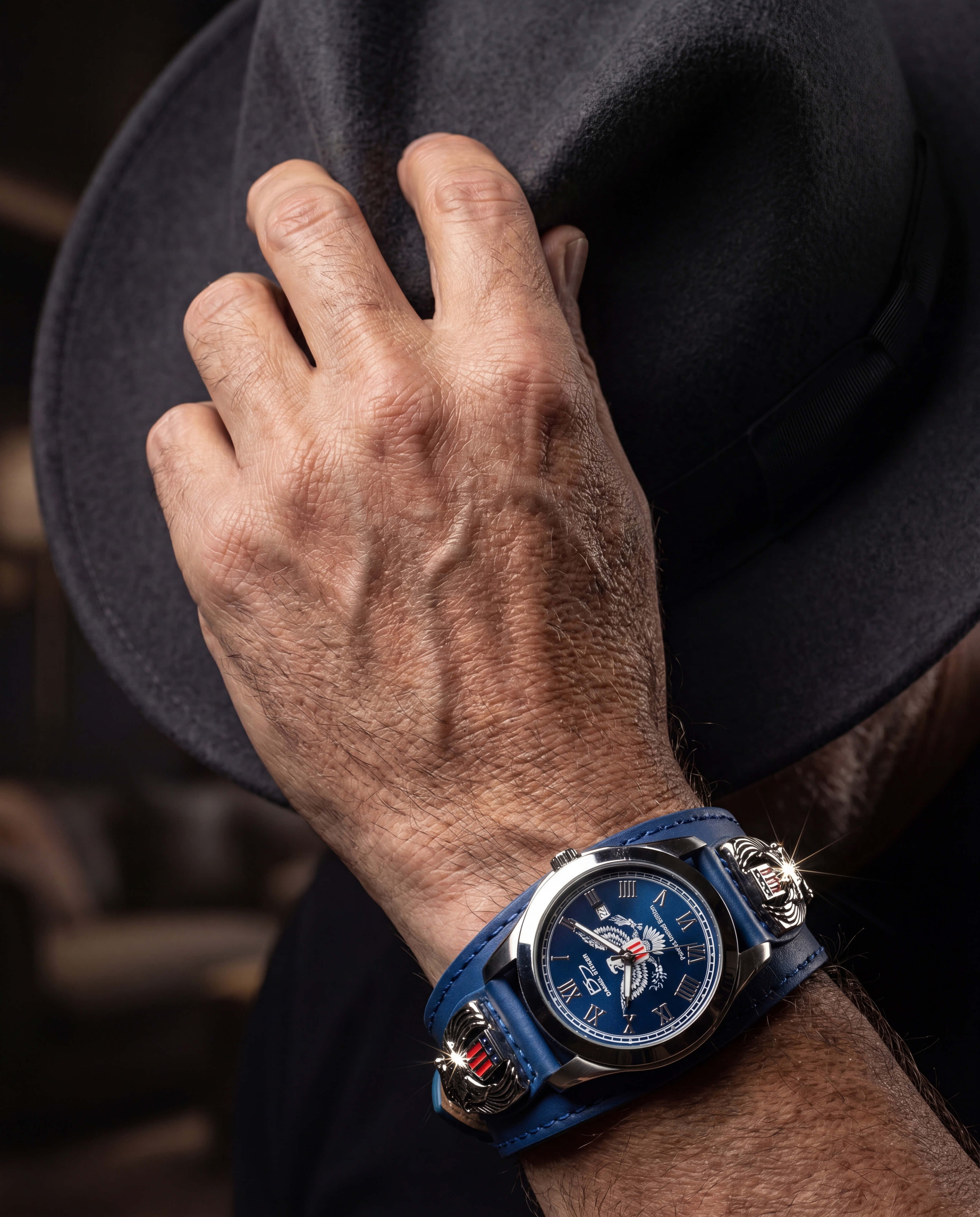 Patriot 250 Years Blue Limited Edition Watch on male wrist with stainless steel case and blue dial, styled with leather strap, Up To 75% Off Retail.