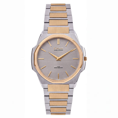 Delta Slimline Men's Watch with silver tone bracelet and gold tone accents on a textured gray dial Up To 75% Off Retail