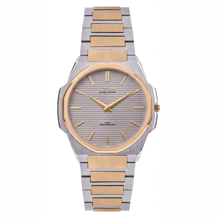 Delta Slimline Men's Watch with silver tone bracelet and gold tone accents on a textured gray dial Up To 75% Off Retail