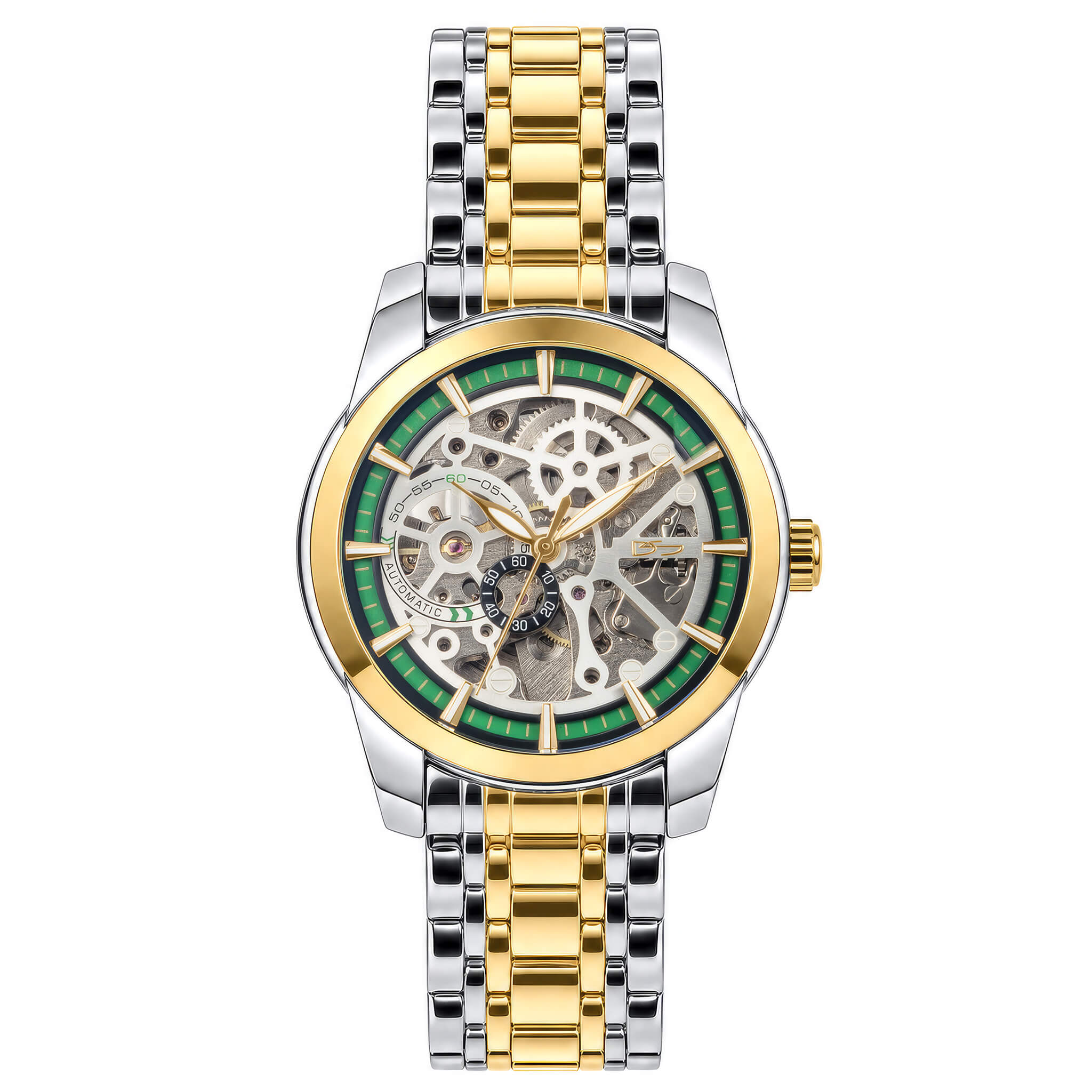 Two tone mechanical skeleton watch with silver and gold bracelet, exposed gears, green dial accents, Roman numeral markers, and a polished round case