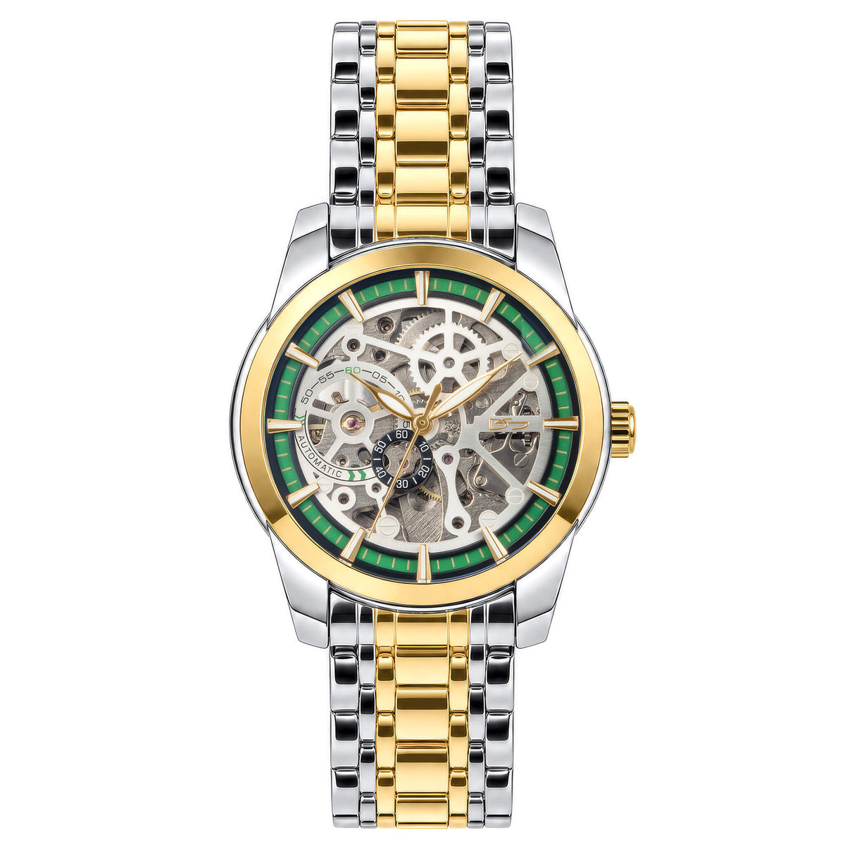 Two tone mechanical skeleton watch with silver and gold bracelet, exposed gears, green dial accents, Roman numeral markers, and a polished round case