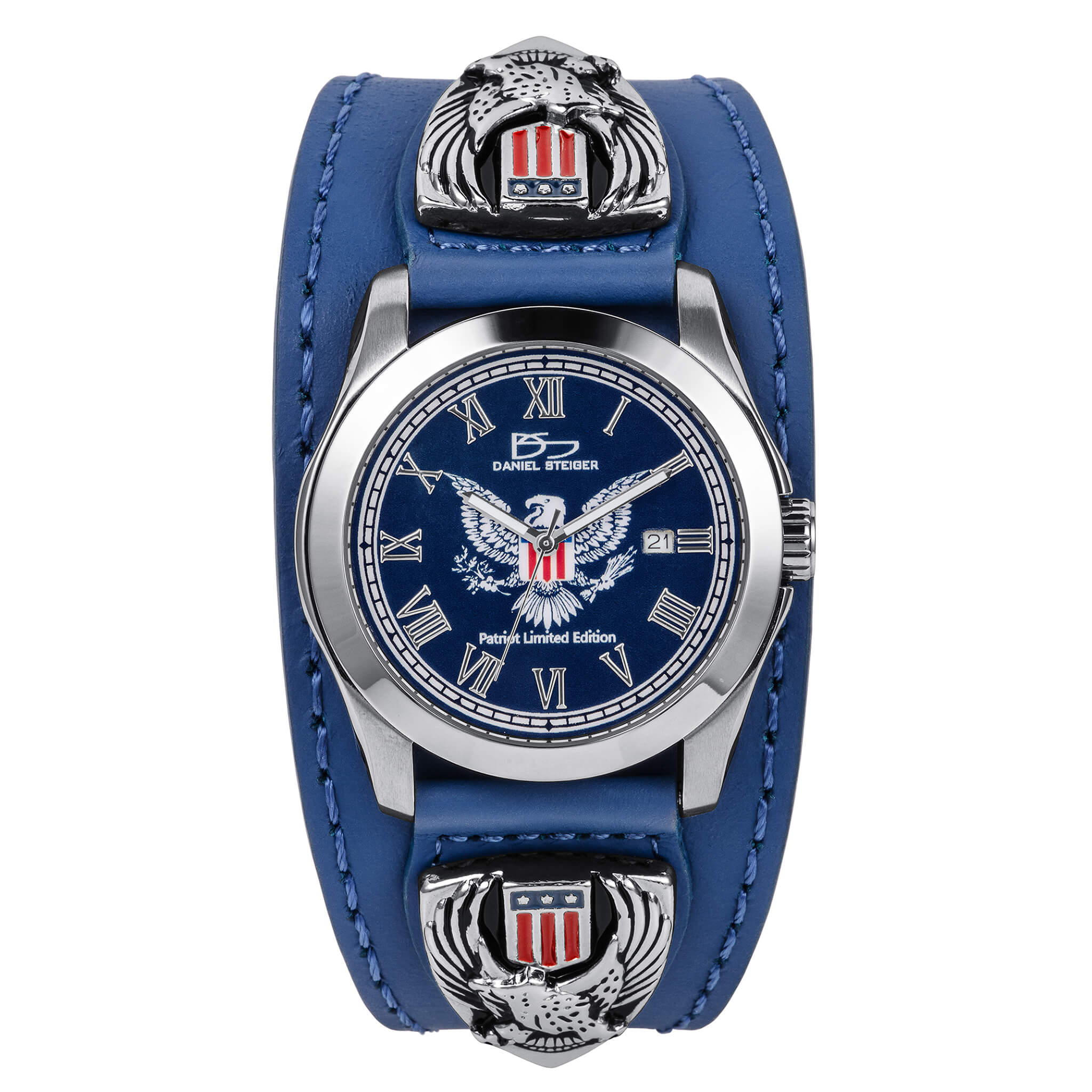 Patriot 250 Years Blue Limited Edition Watch featuring a stainless steel case, blue dial with patriotic eagle design, and a wide blue leather strap with detailed emblems, Up To 75% Off Retail.