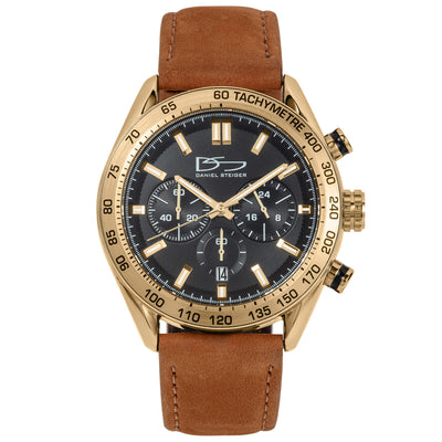 Citadel Chrono Men's Watch with gold-tone case, black dial with chronograph subdials, and brown leather strap, offering a stylish collectible timepiece up to 75% off retail.