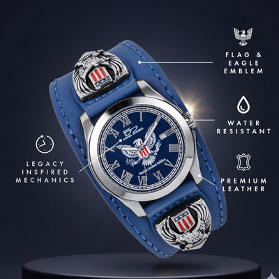 Patriot 250 Years Blue Limited Edition Watch with stainless steel case, blue dial, premium leather strap featuring flag and eagle emblems, water resistant, showcasing legacy inspired mechanics, Up To 75% Off Retail.
