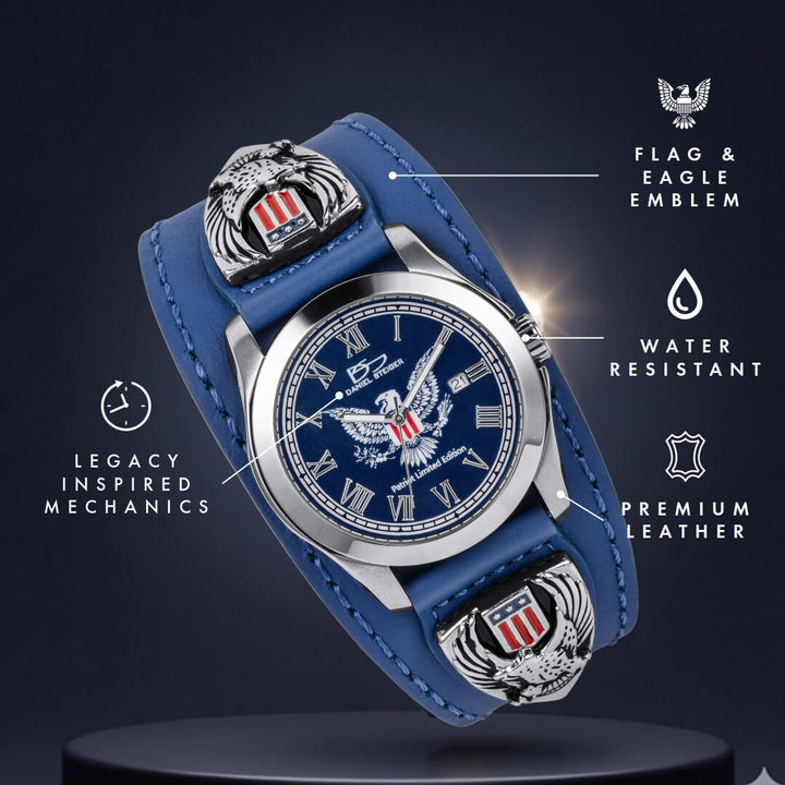 Patriot 250 Years Blue Limited Edition Watch with stainless steel case, blue dial, premium leather strap featuring flag and eagle emblems, water resistant, showcasing legacy inspired mechanics, Up To 75% Off Retail.