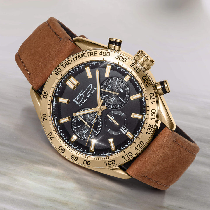 Citadel Chrono Men's Watch with gold-tone case, black dial featuring chronograph subdials, and brown leather strap, available Up To 75% Off Retail.