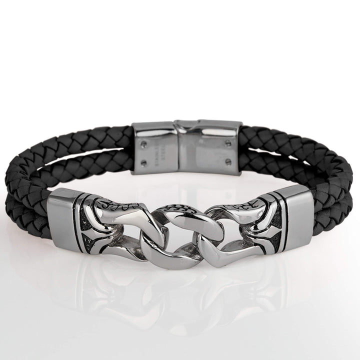 Horizon Men's Black Bracelet featuring braided black leather bands with an intricate silver-tone metal clasp, a stylish accessory for men’s jewelry collections.