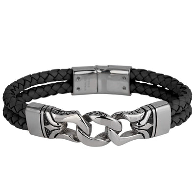 Horizon Men's Black Bracelet featuring braided leather strands with a polished silver-tone clasp and detailed chain link centerpiece for a sleek and modern look.