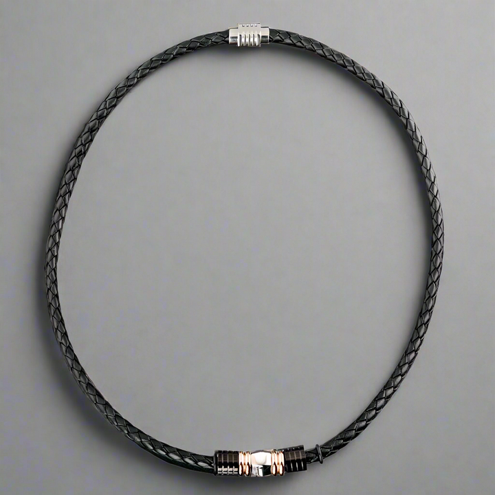 Black Diamond Leather Necklace featuring braided leather material with a sleek metallic clasp, designed for male jewelry collectors and lovers of stylish necklaces.