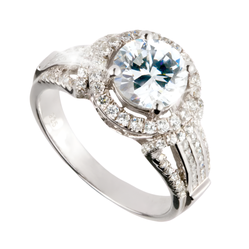 Regency Ring crafted in sterling silver featuring a large central round gemstone surrounded by smaller brilliant stones in an elegant, feminine design.