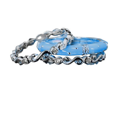 Ming Enamel Stacker Blue Rings featuring sterling silver material with rhodium plating designed for female wearers, showcasing intricate blue enamel and sparkling accents in a stackable ring set.