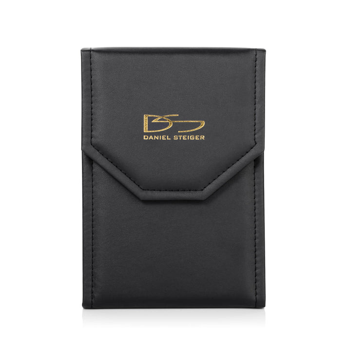 Black jewelry pouch with gold Daniel Steiger logo, designed for storing and protecting the Starlet Gold Necklace for female customers.