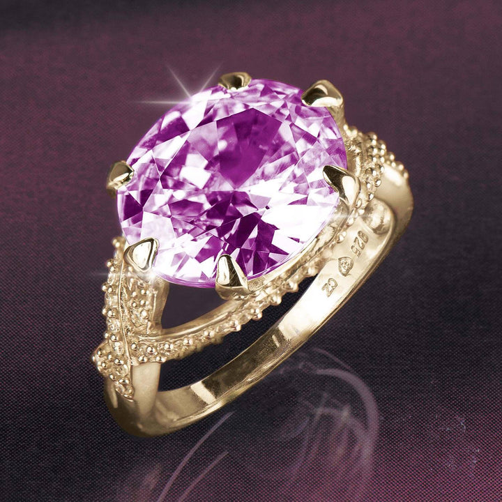 Flawless Thorn Gold Ring featuring a large, sparkling pink gemstone set in gold-plated sterling silver with an intricate thorn-inspired design for women’s jewelry.