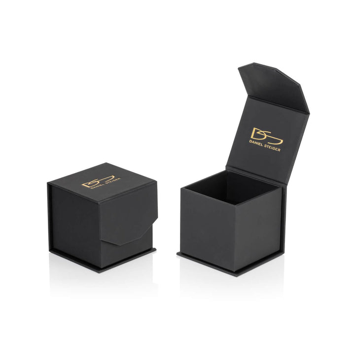 Black jewelry box with gold Daniel Steiger logo, designed for the Destiny Citrine Ring, showcasing elegant packaging for sterling silver and gold-plated women’s jewelry.