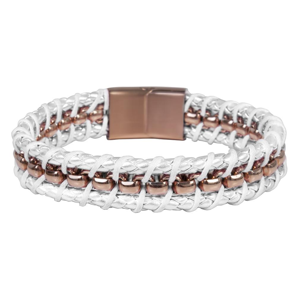 Melrose White Leather Bracelet featuring rose gold plated sterling silver accents, designed for women, combining elegant white leather with a modern metallic clasp.