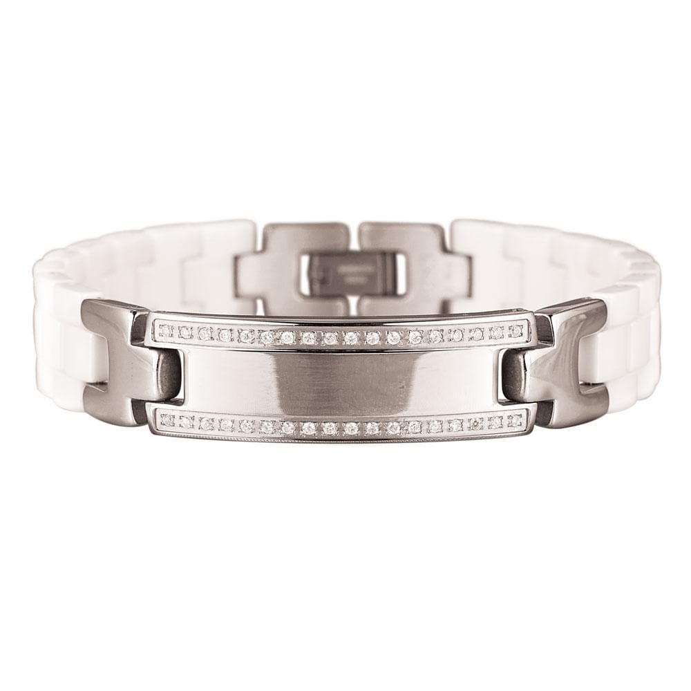 Ceramic Perfection Bracelet for female with rhodium plating, featuring a sleek ceramic band and a sparkling, crystal-embellished centerpiece, elegantly designed jewelry bracelet.