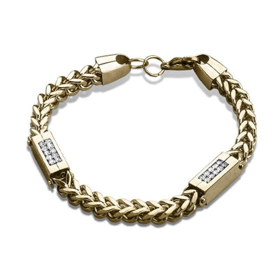 Quadrant Duo Bracelet for men featuring gold-plated stainless steel with elegant chain links and sparkling embedded stones, perfect for stylish jewelry collections.