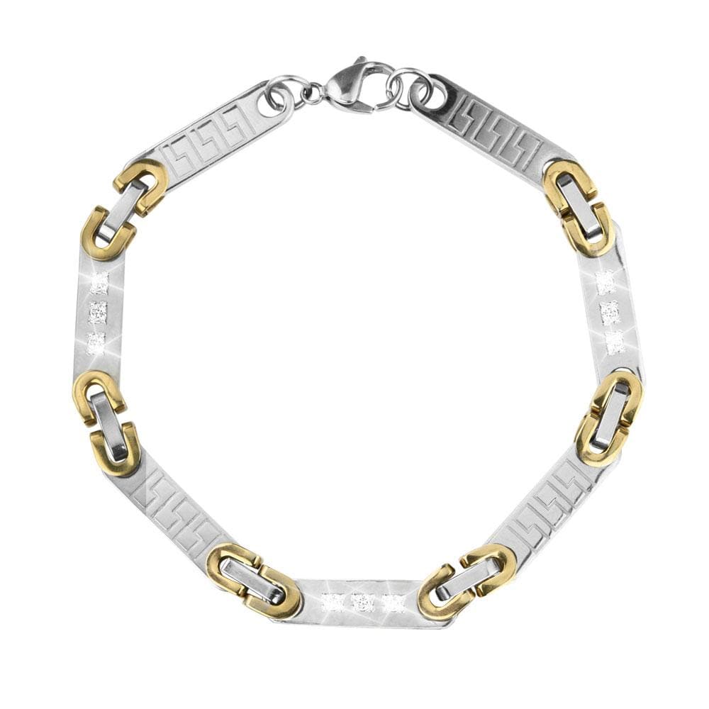 Olympus Men's Bracelet featuring two-tone plating in stainless steel with a geometric link design, combining silver and gold tones in a stylish men's bracelet.