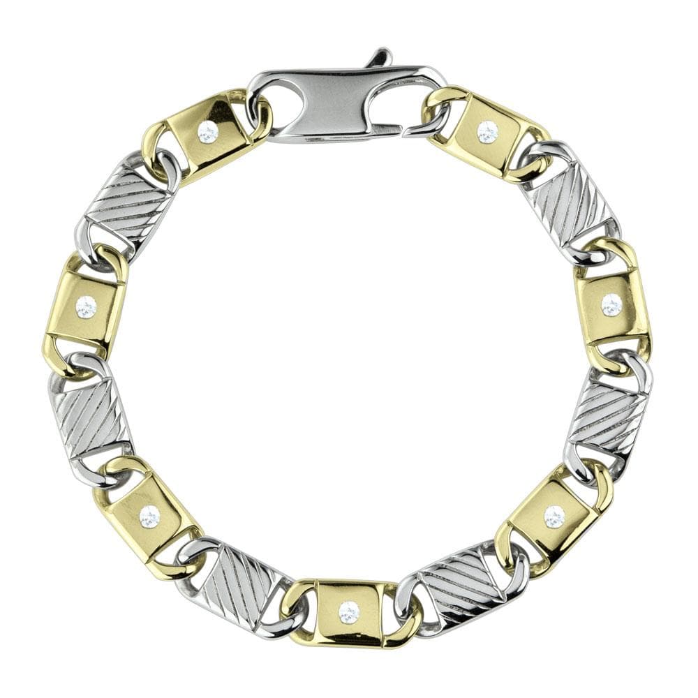 Hamilton Bracelet featuring a two-tone stainless steel design with alternating gold and silver links, each adorned with small clear stones, crafted for men’s jewelry.