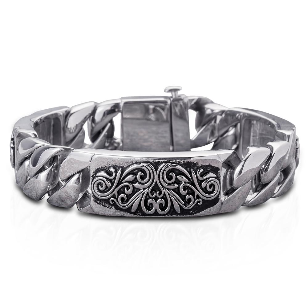 Montana Scroll Bracelet Steel featuring a bold stainless steel chain with an intricate scroll design centerpiece, crafted for a striking male jewelry statement.