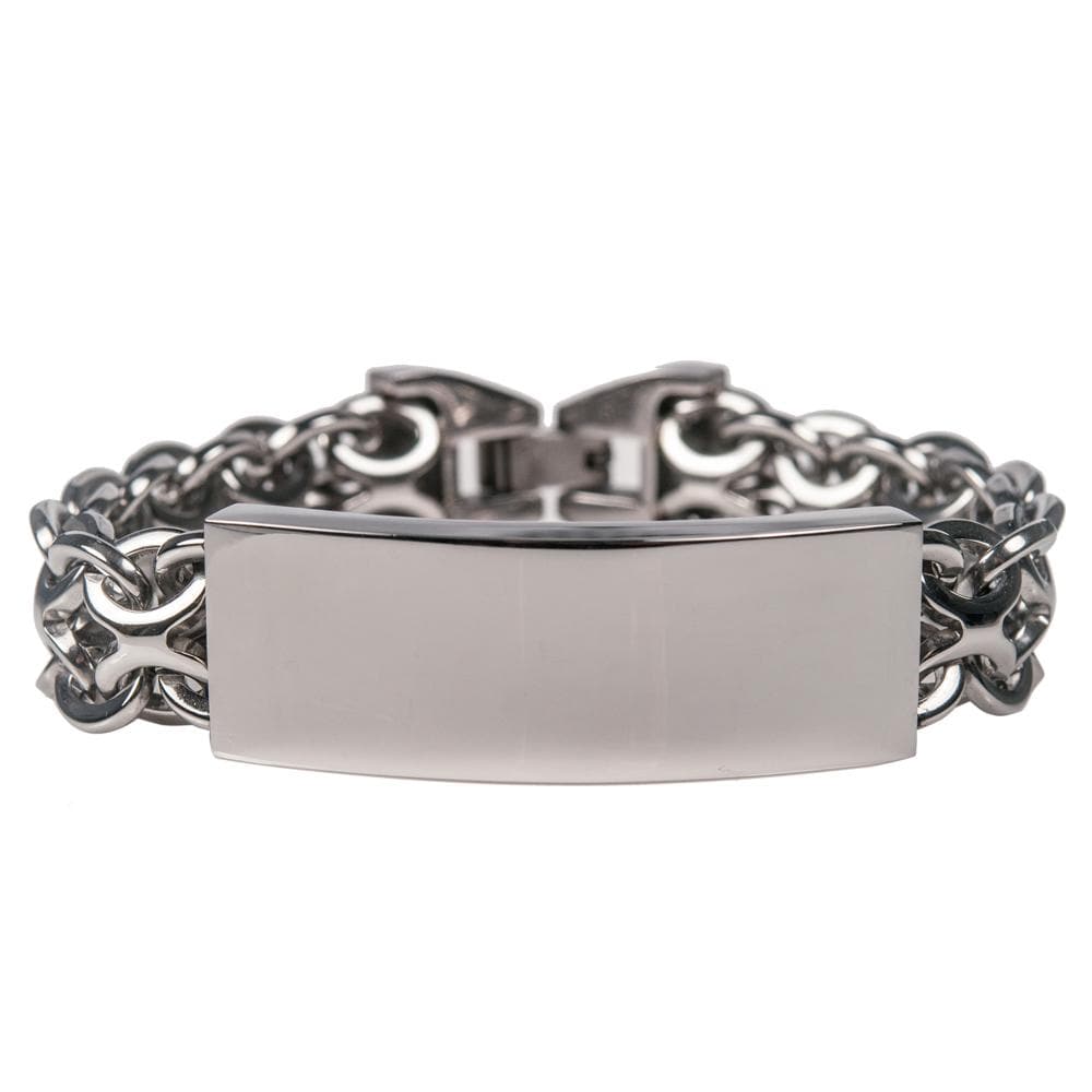 Bravado Steel Bracelet made of stainless steel for men, featuring a polished rectangular plate and a robust double-chain link design in a sleek silver finish.