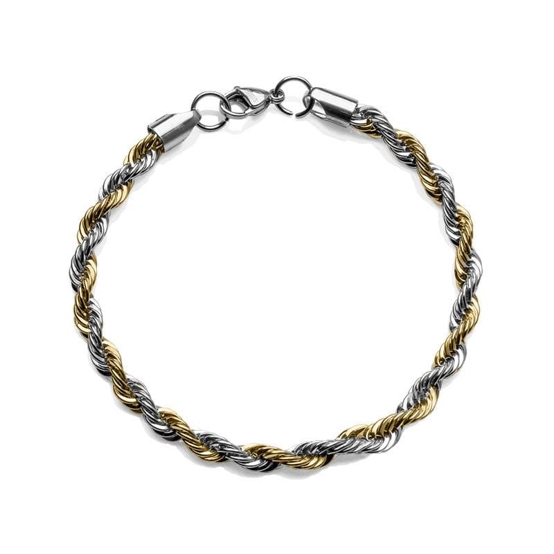 Two-Tone Rope Chain Bracelet made of stainless steel with a twisted two-tone design in silver and gold, featuring a secure lobster clasp for men’s jewelry.