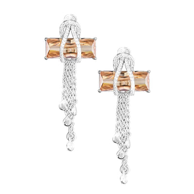 Contemporary Cross Champagne Earrings featuring sterling silver with rectangular champagne stones and delicate cascading chain details designed for female jewelry enthusiasts.