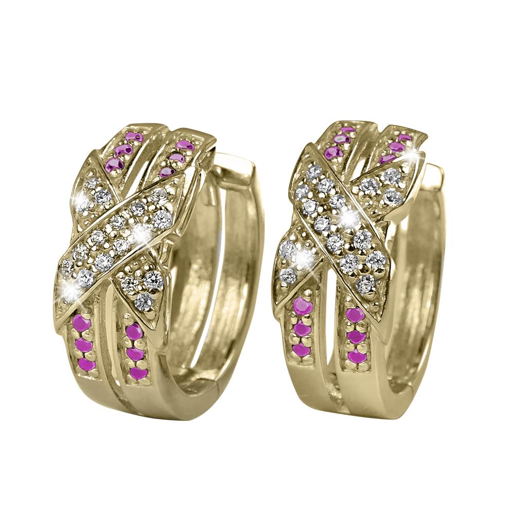 Embrace Gold Earrings crafted from sterling silver with gold plating, featuring a crisscross design accented with clear and pink gemstones, designed for women’s jewelry.