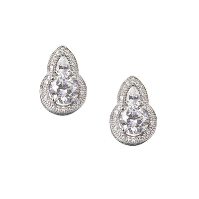 Oleander Earrings crafted in sterling silver with rhodium plating, featuring sparkling clear gemstones in a sophisticated stud design for women’s jewelry.