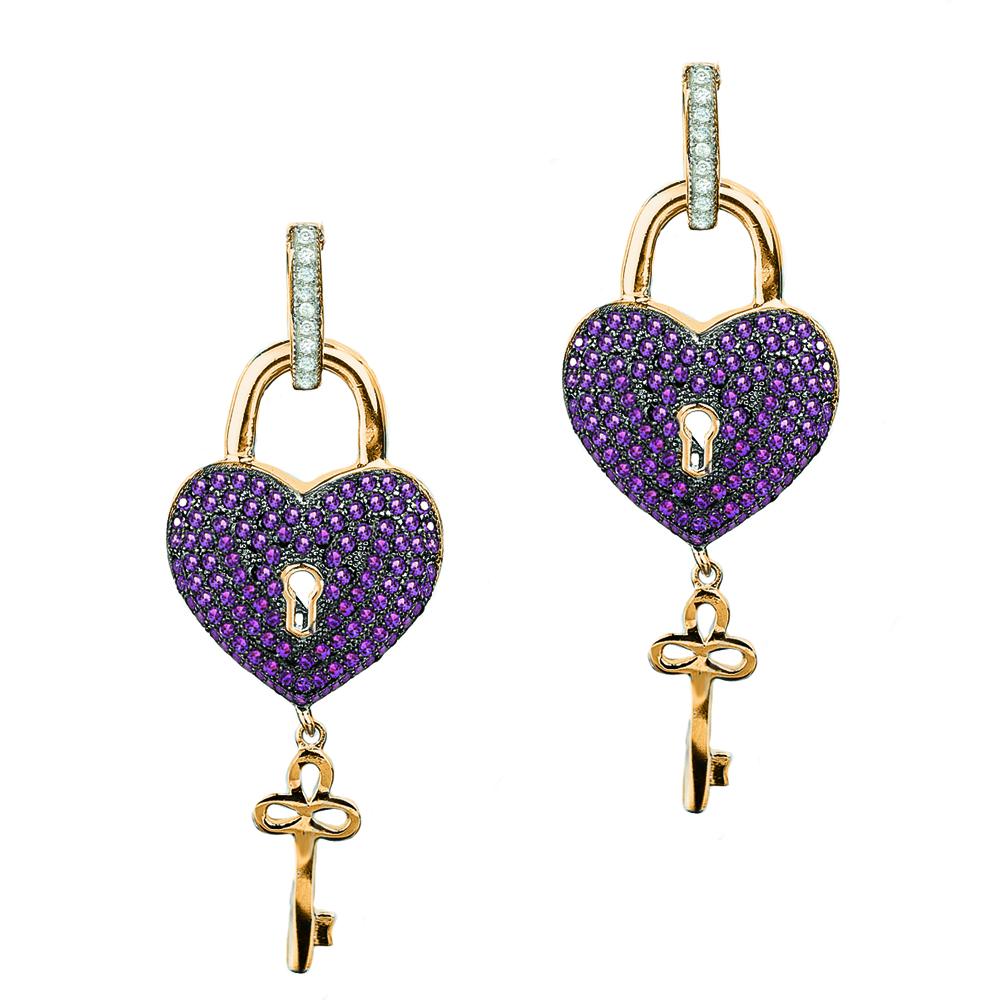 Paris Heart Earrings featuring sterling silver with gold plating, designed for women, showcasing purple heart-shaped locks adorned with crystals and dangling gold keys.