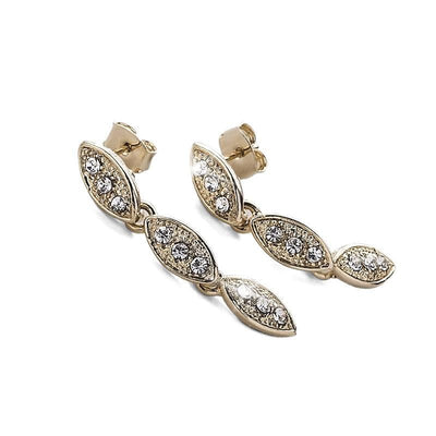 Captivating Leaf Earrings crafted in sterling silver with gold plating, featuring delicate leaf shapes adorned with sparkling crystals designed for women’s jewelry.