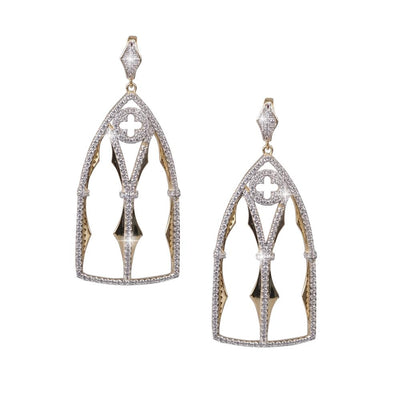 Abbey Earrings crafted in sterling silver with gold plating, featuring an elegant cathedral-inspired design accented with sparkling stones for a refined female jewelry piece.