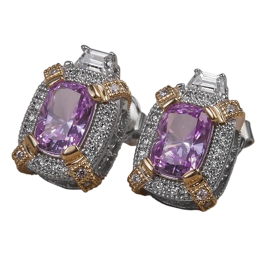 Dahlia Blossom Earrings featuring two-tone sterling silver with intricate detailing, showcasing a central purple gemstone surrounded by sparkling accents, designed for women.