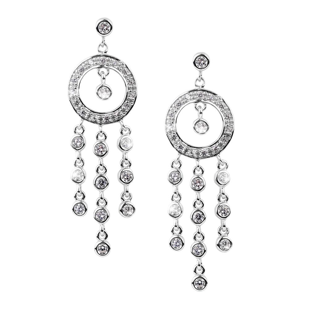 Raindrop Chandelier Rhodium Earrings featuring sterling silver construction with sparkling circular accents and elegant dangling chains, designed for women’s jewelry collections.
