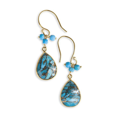 Mefkat Turquoise Earrings featuring teardrop-shaped turquoise gemstones set in sterling silver with delicate small turquoise bead accents for women’s jewelry.