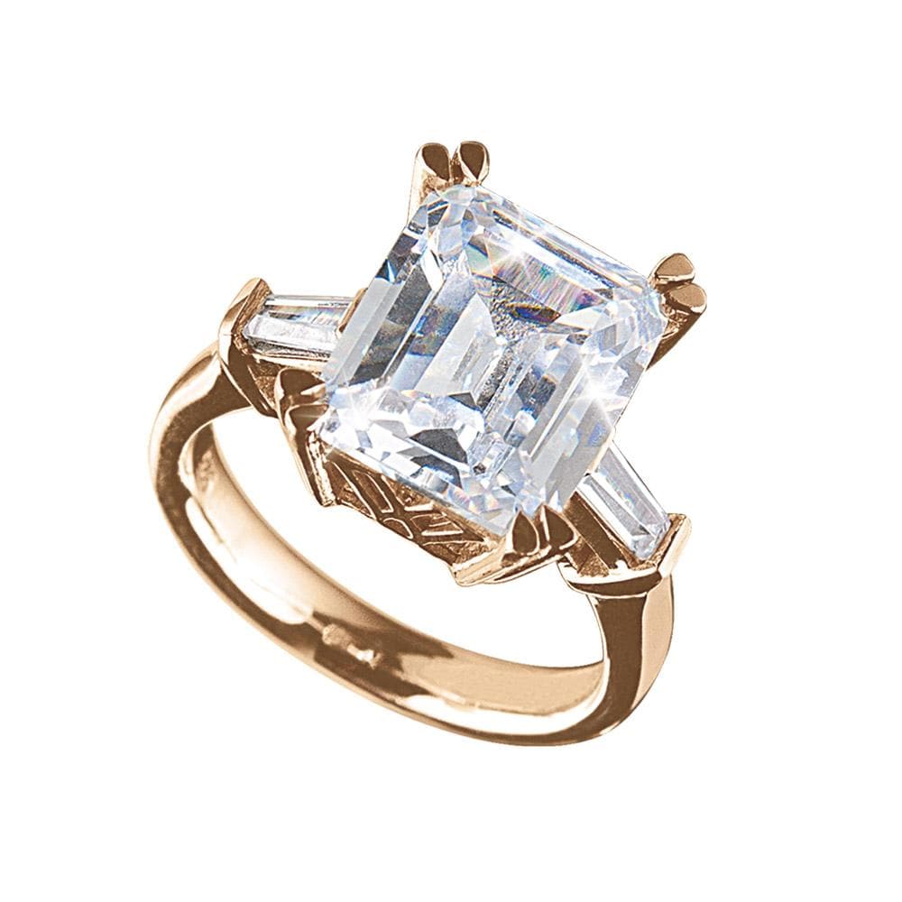 Billionaire Rose Gold Ring featuring a large rectangular clear gemstone set in sterling silver with rose gold plating, designed for a female jewelry collection.