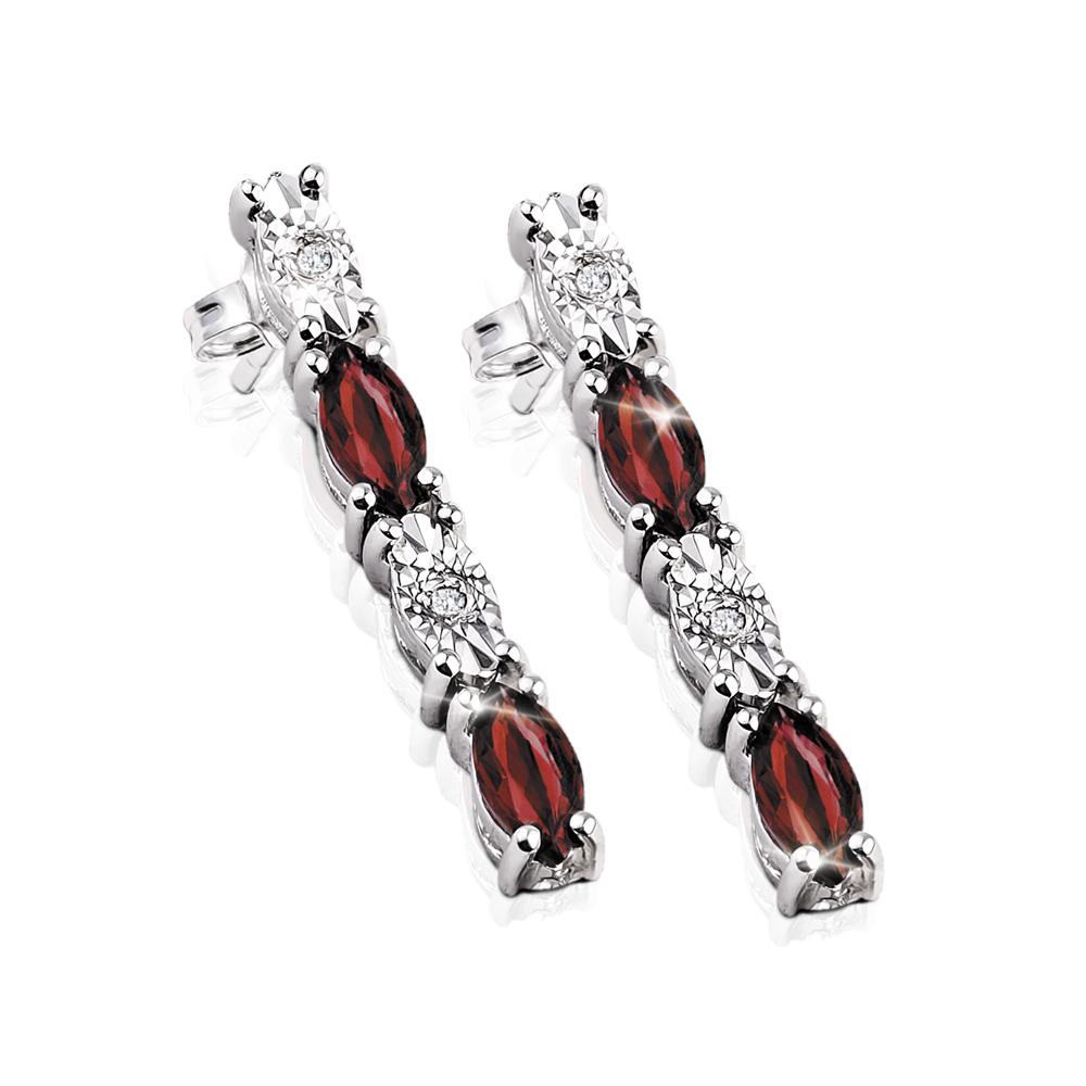 Navette Earrings featuring sterling silver with rhodium plating, adorned with alternating red marquise gemstones and clear round crystals designed for women’s jewelry.
