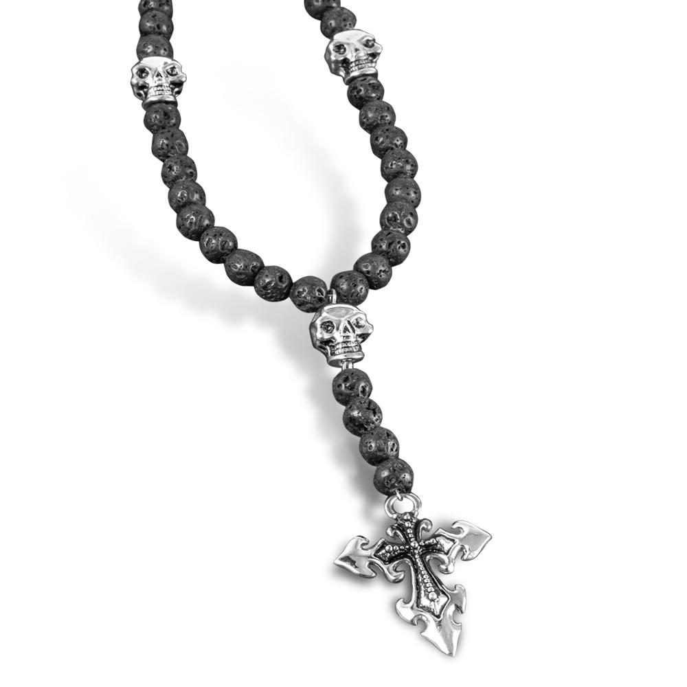 Skull Lava Rosary featuring black lava stone beads accented with stainless steel skulls and a detailed stainless steel cross pendant, designed for men’s jewelry.