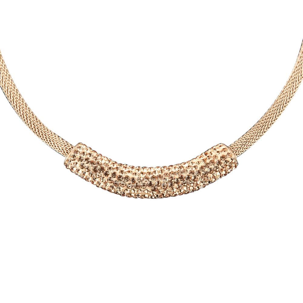 Crystal Contessa Rose Gold Necklace featuring a curved, crystal-encrusted pendant on a rose gold stainless steel chain, designed for elegant female jewelry styling.