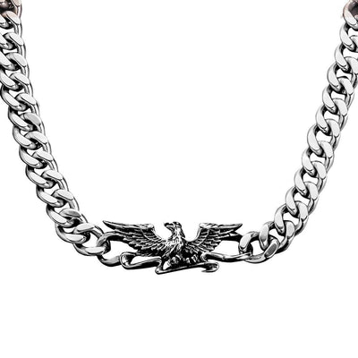 Patriot Eagle Steel Necklace featuring a stainless steel chain with a detailed eagle pendant, designed as a bold men's jewelry statement piece.