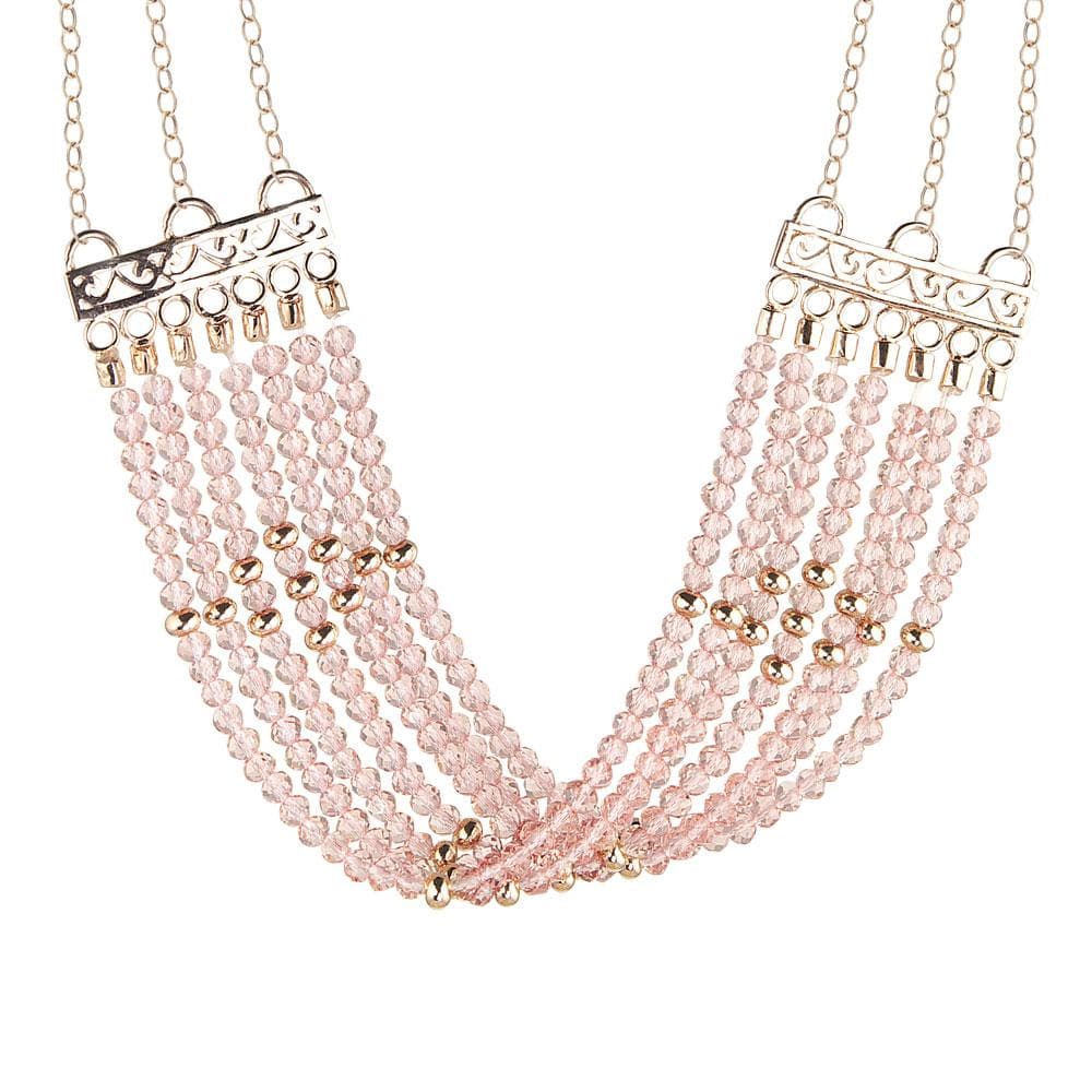Rosa Cascade Necklace featuring multiple strands of pink gem beads accented with rose gold plating, designed for a sophisticated female jewelry collection.