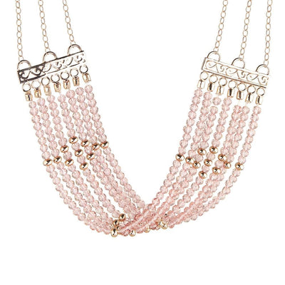 Rosa Cascade Necklace featuring multiple strands of pink gem beads accented with rose gold plating, designed for a sophisticated female jewelry collection.