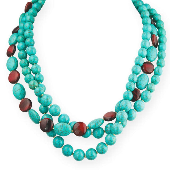 Turquoise and Tiger's Eye Necklace featuring sterling silver and gold plated accents, showcasing vibrant turquoise and reddish-brown tiger's eye beads for women’s jewelry.