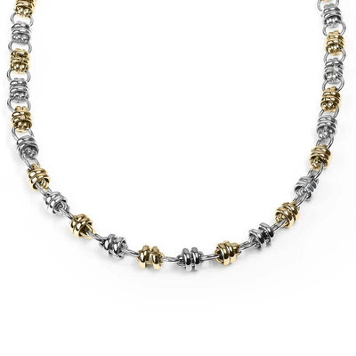 Quintus Steel Necklace for men featuring an alternating pattern of polished silver and gold-tone steel beads, designed for a bold and sophisticated jewelry statement.