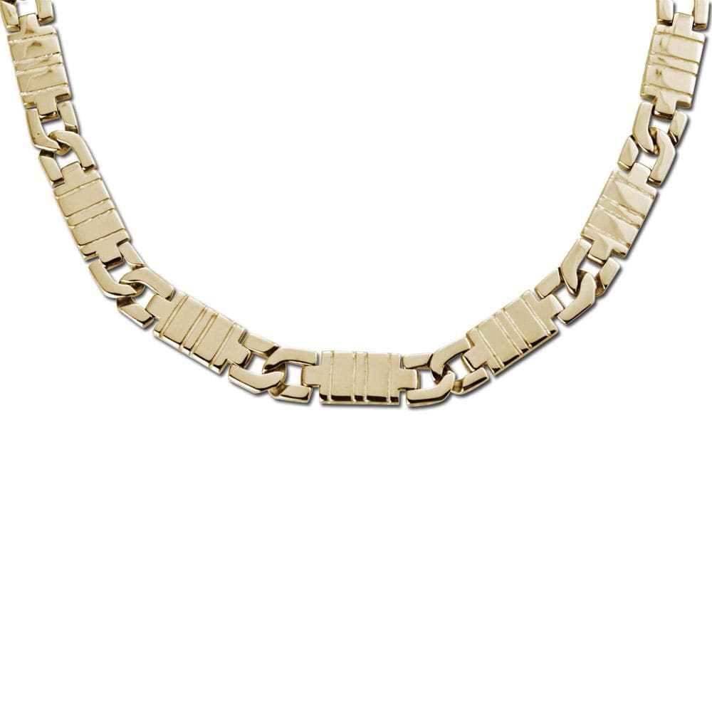 Montana Men's Necklace featuring a polished gold plated stainless steel chain with rectangular and interlocking link design, a stylish jewelry piece for men.