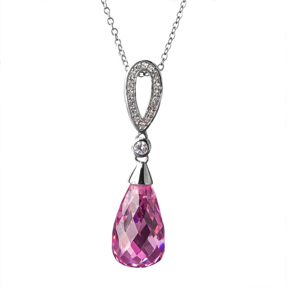 Candy Briolette Pendant featuring a rhodium-plated sterling silver setting with a faceted pink briolette gemstone and delicate diamond accents, designed for women’s jewelry.
