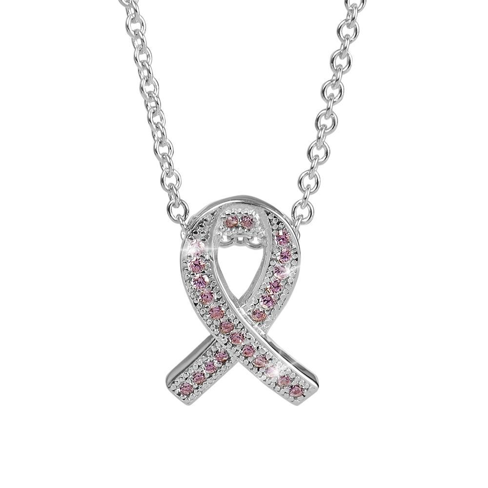 Aware Pendant featuring a sterling silver ribbon design plated in rhodium, adorned with pink stones, perfect for women's jewelry collections and necklaces.