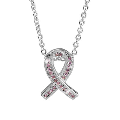 Aware Pendant featuring a sterling silver ribbon design plated in rhodium, adorned with pink stones, perfect for women's jewelry collections and necklaces.