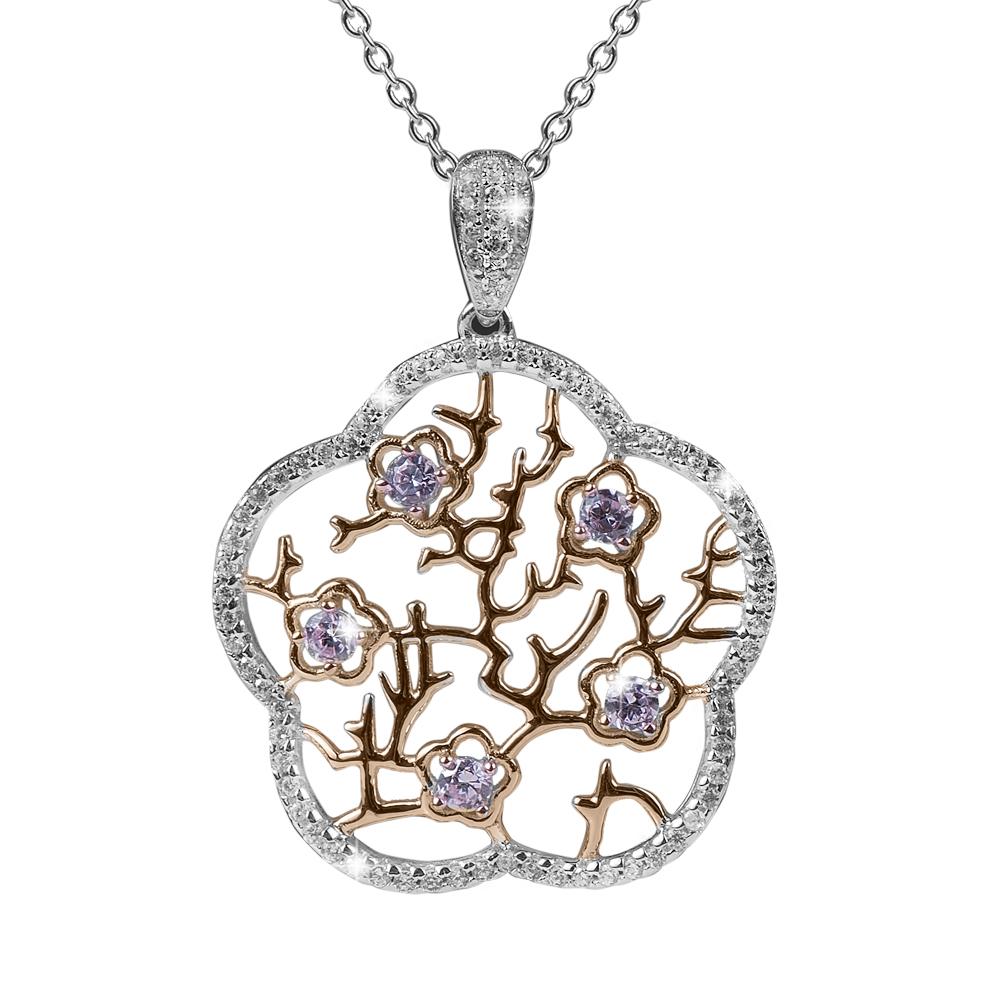Imperial Cherry Blossom Pendant featuring a two-tone sterling silver design with intricate branches and purple gemstone blossoms, elegant necklace for females.