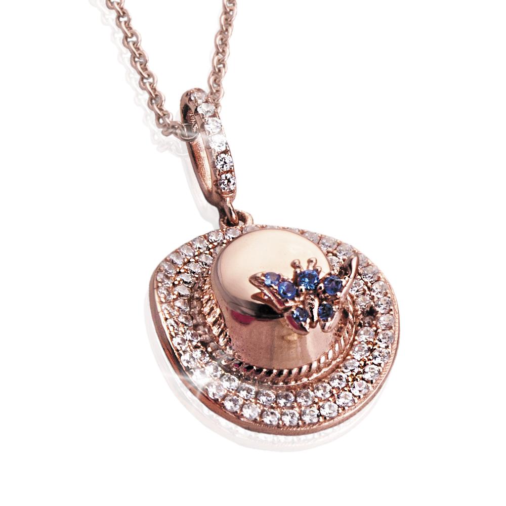Memories Of Summer Pendant featuring a sterling silver rose gold-plated hat-shaped design, adorned with sparkling clear crystals and blue gemstone butterfly accents on a delicate chain.